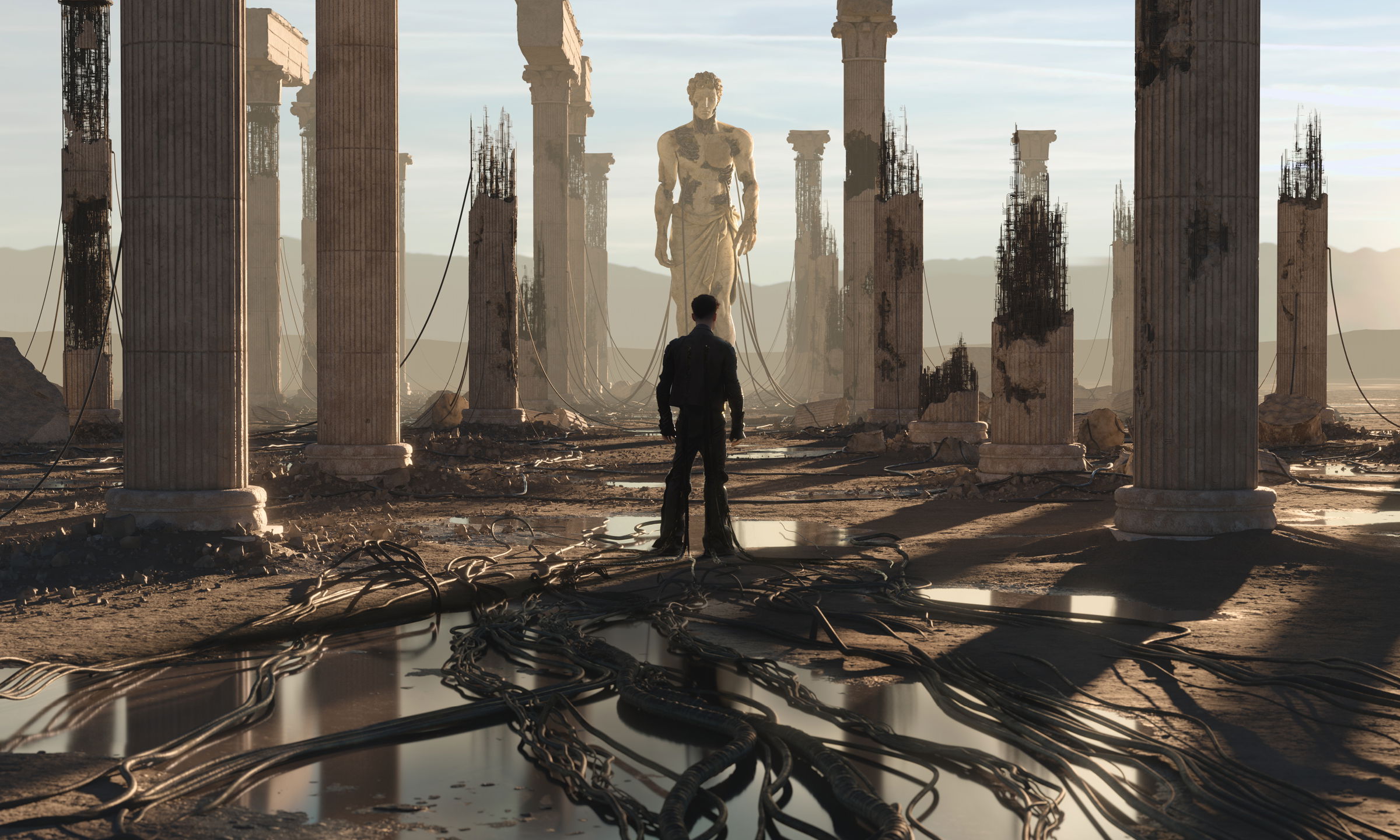 Official Anyma ÆDEN campaign artwork showing a figure facing a monumental statue
