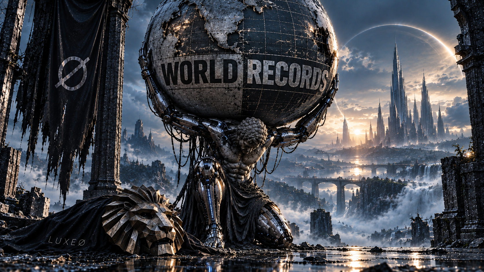 A cybernetic Atlas carries the WORLD RECORDS globe beside the LUXEØ lion mask, overlooking a luminous futuristic city
